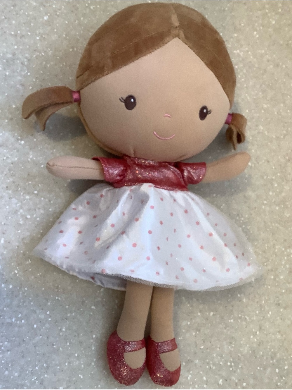 Carter's Cloth Doll Brown Eyes and Hair Plush Doll in Pink White Dots Dress Soft